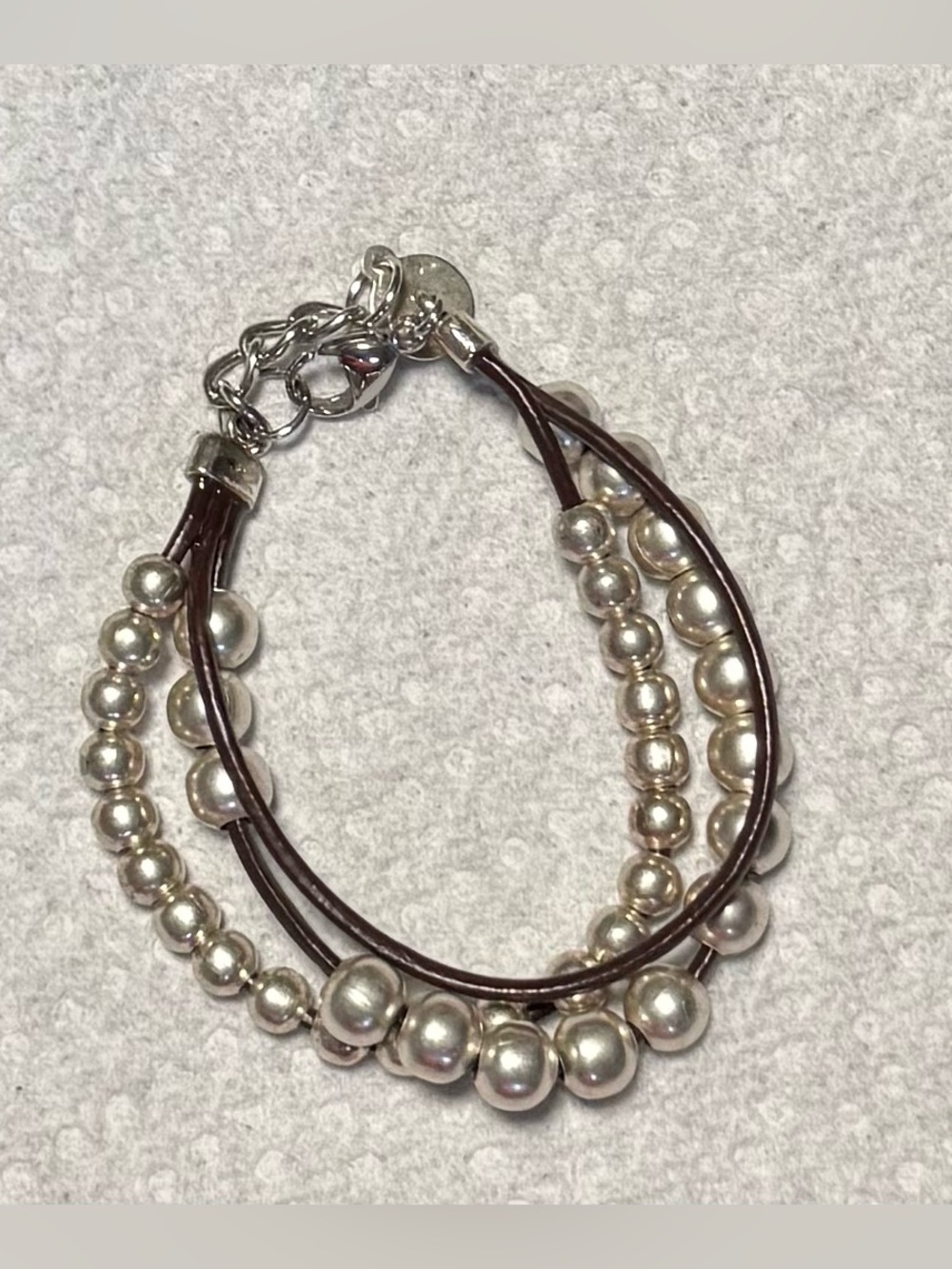 Silver Bead Multi-Strand Brown Cord Bracelet